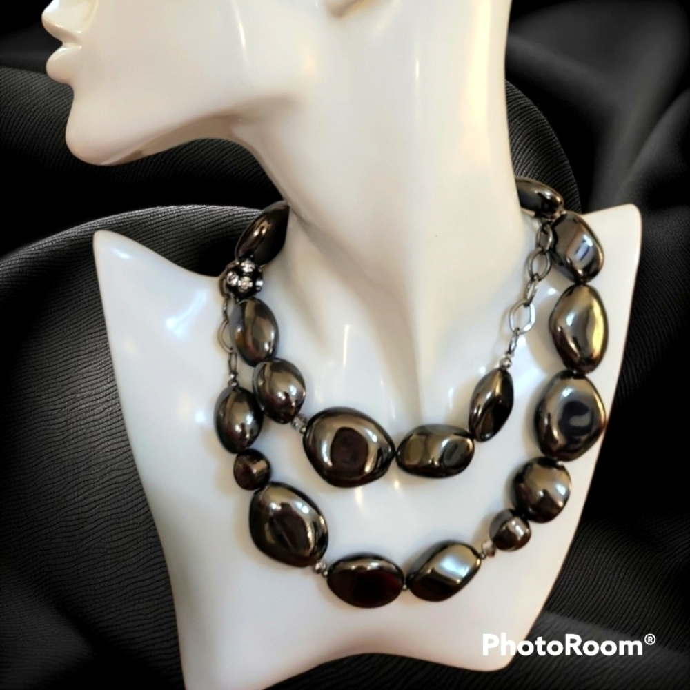 VTG CHICO'S Gunmetal Faux Hematite Beaded Chunky Chain Statement Necklace